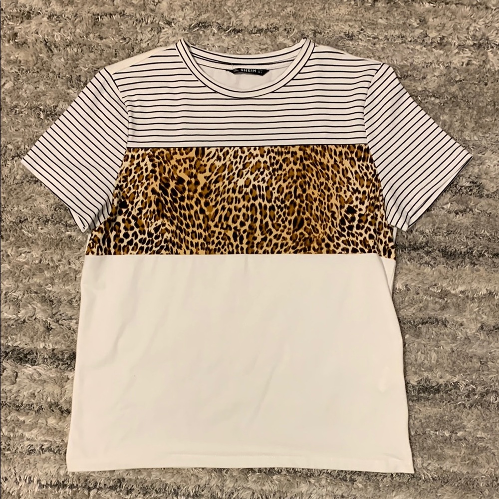 SHEIN Striped and Leopard Print Top - Black, White, Brown